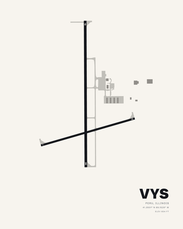 White airport map print of VYS, Illinois Valley Regional-Walter A Duncan Field, showing runway 18/36 crossed by a shorter diagonal runway 07/25.