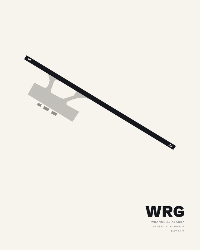 Wrangell WRG airport map print on white, one diagonal runway 10/28 with apron at left.