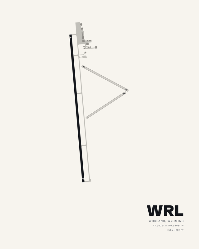 Worland Municipal WRL airport map print on white, runway 16/34 a dark vertical bar with two turf runways forming a V to its right.