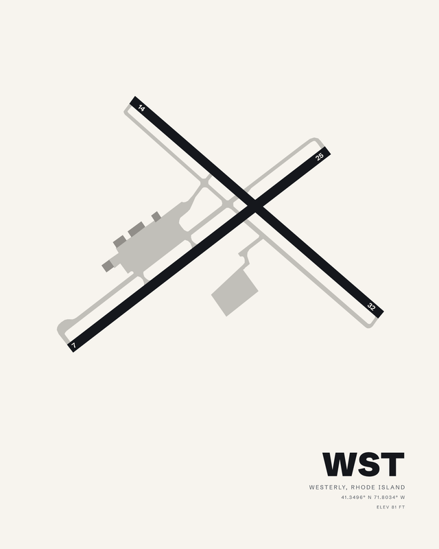 Westerly State WST airport map print on white, runways 07/25 and 14/32 crossing in a dark X.