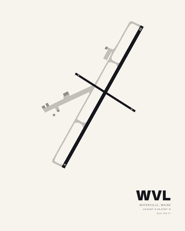 Waterville Regional WVL airport map print on white, two crossing runways forming an X.
