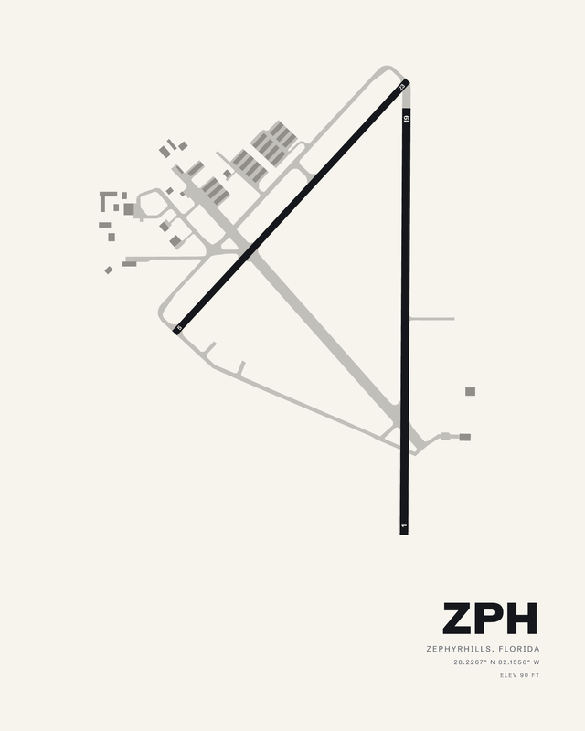 Zephyrhills Municipal ZPH airport diagram in a white colorway, runway 01/19 vertical with 05/23 angling into it.